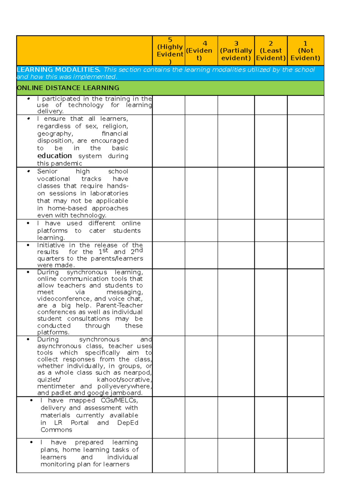 Research Instrument (Teacher) - 5 (Highly Evident ) 4 (Eviden t) 3 ...