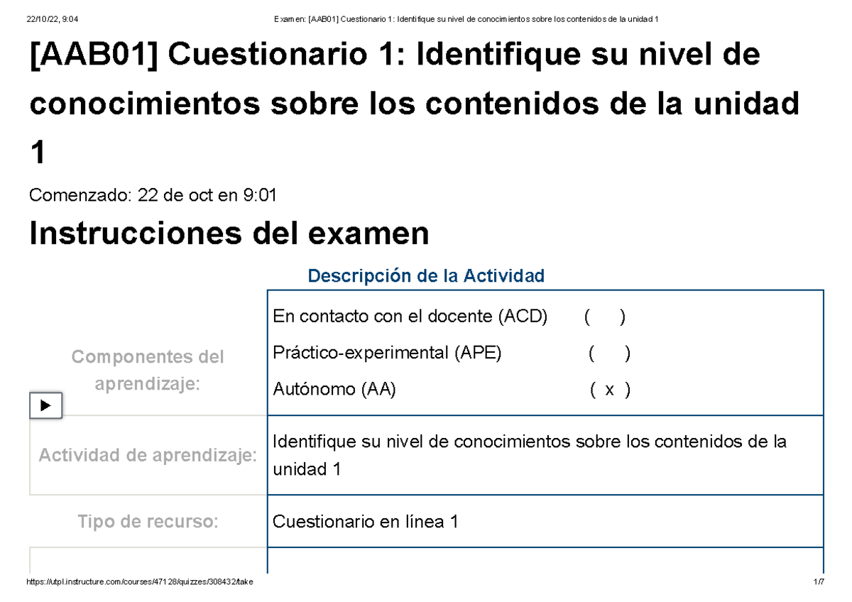 Examen [AAB01] Cuestionario 1 Identifique su nivel de conocimientos ...