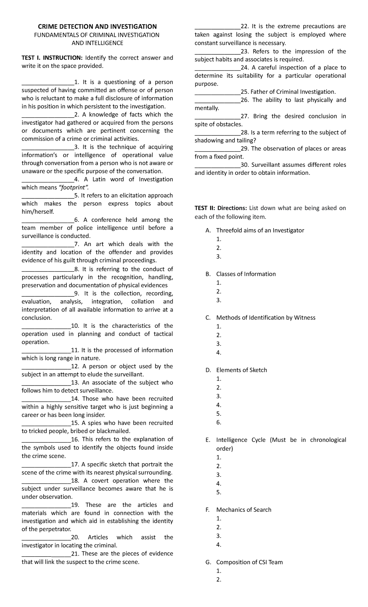 Fundamentals OF Criminal Investigation AND Intelligence - CRIME ...