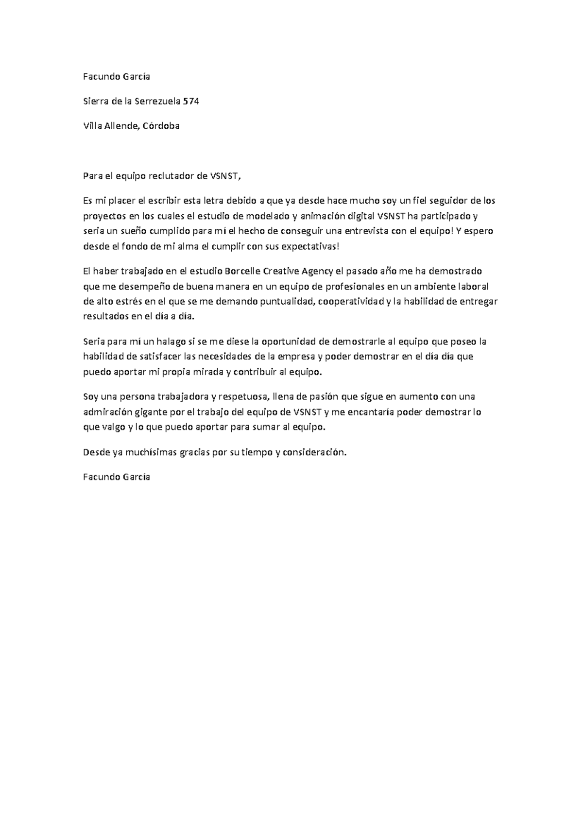 Carta de Presentacion - Facundo García Sierra de la Serrezuela 574