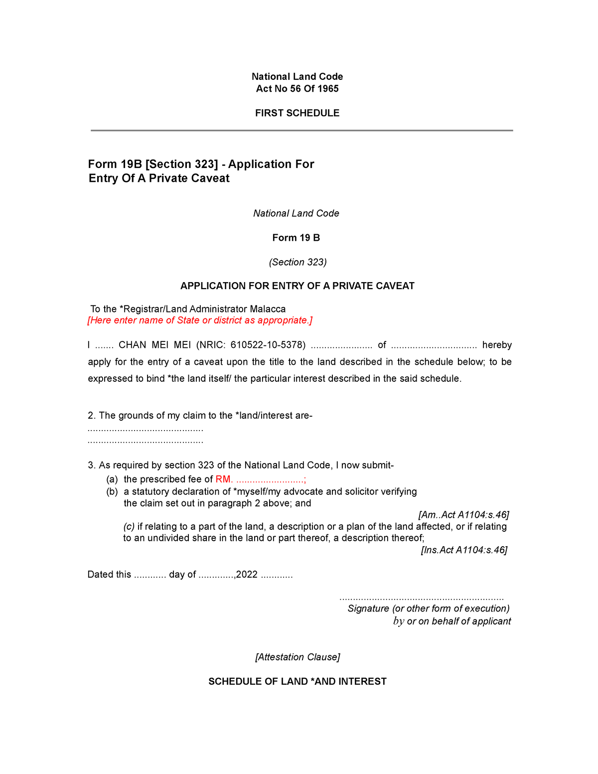 form-19b-section-323-caveat-national-land-code-act-no-56-of-1965