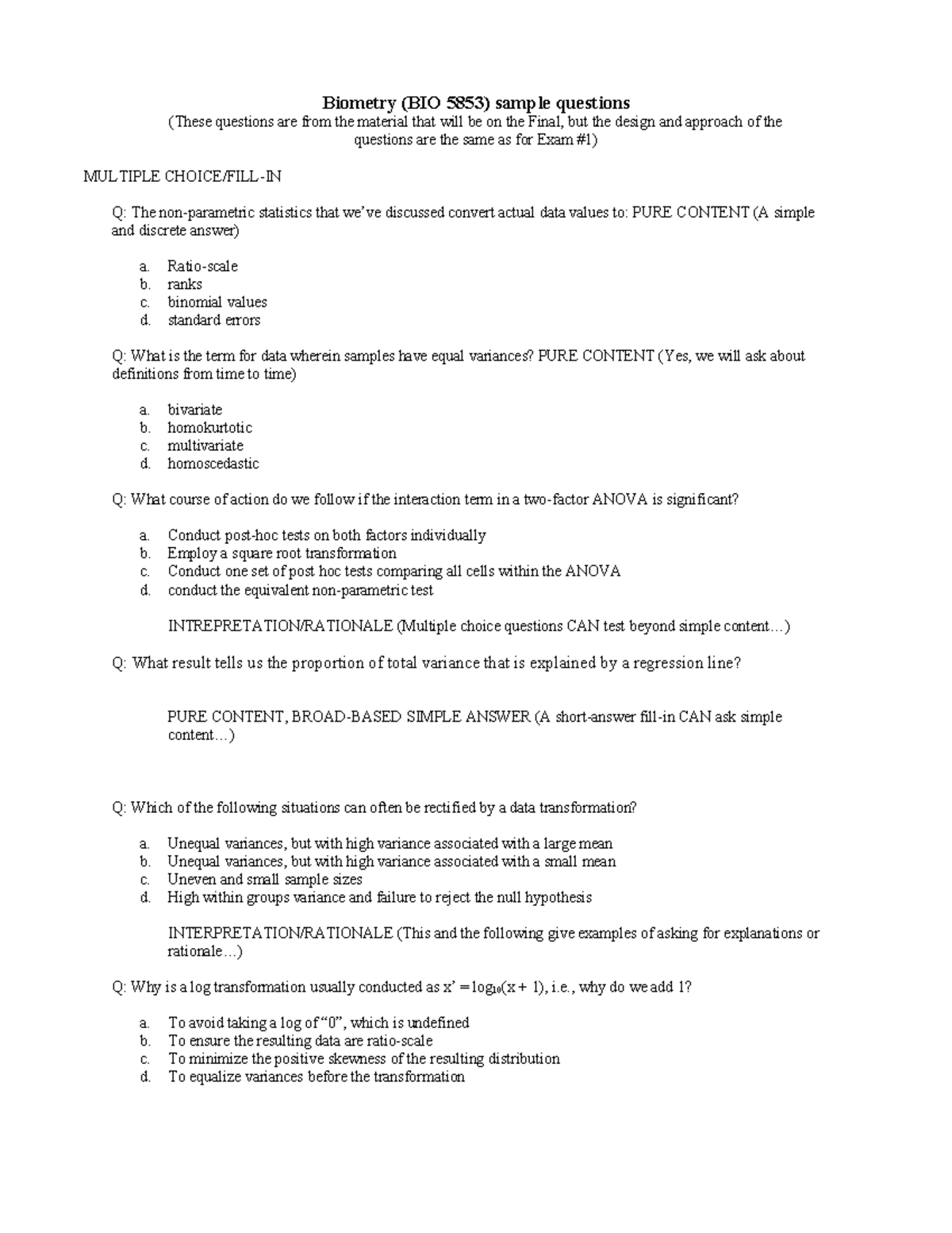 Biometry practice questions 2024 Biometry (BIO 5853) sample questions