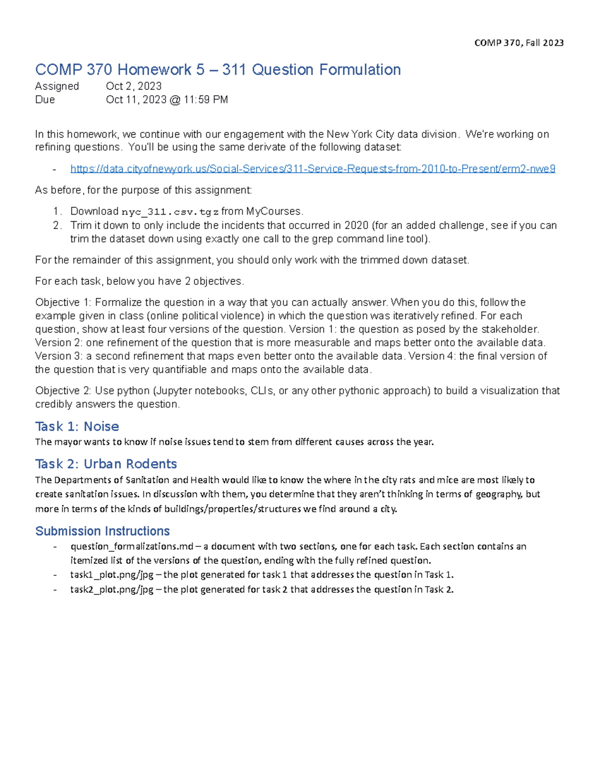 Homework 05 - COMP 370, Fall 2023 COMP 370 Homework 5 – 311 Question ...