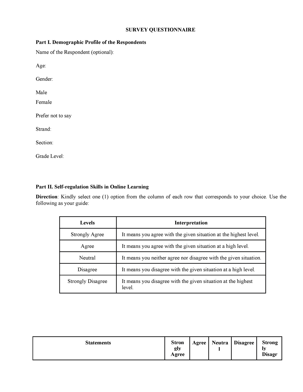 Questionnaire Interpretation And SOP SURVEY QUESTIONNAIRE Part I 