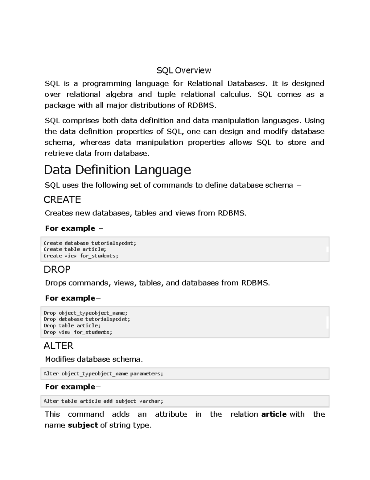 Database languages - Lecture notes 6 - SQL Overview SQL is a ...