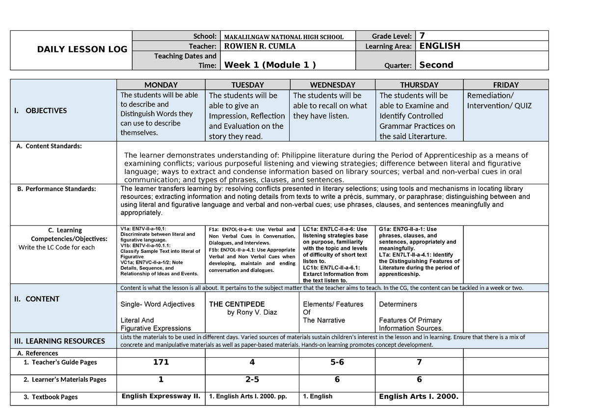 DLL 2nd Quarter Week1 1 - Hopefully It Will Help You - DAILY LESSON LOG ...