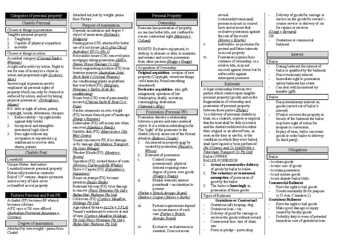Template Property LAW A 182 Categories of personal property Chattels Personal Choses or things