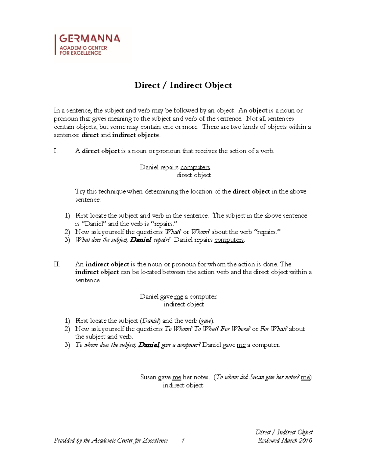 Direct and Indirect Objects - Direct / Indirect Object Provided by the ...