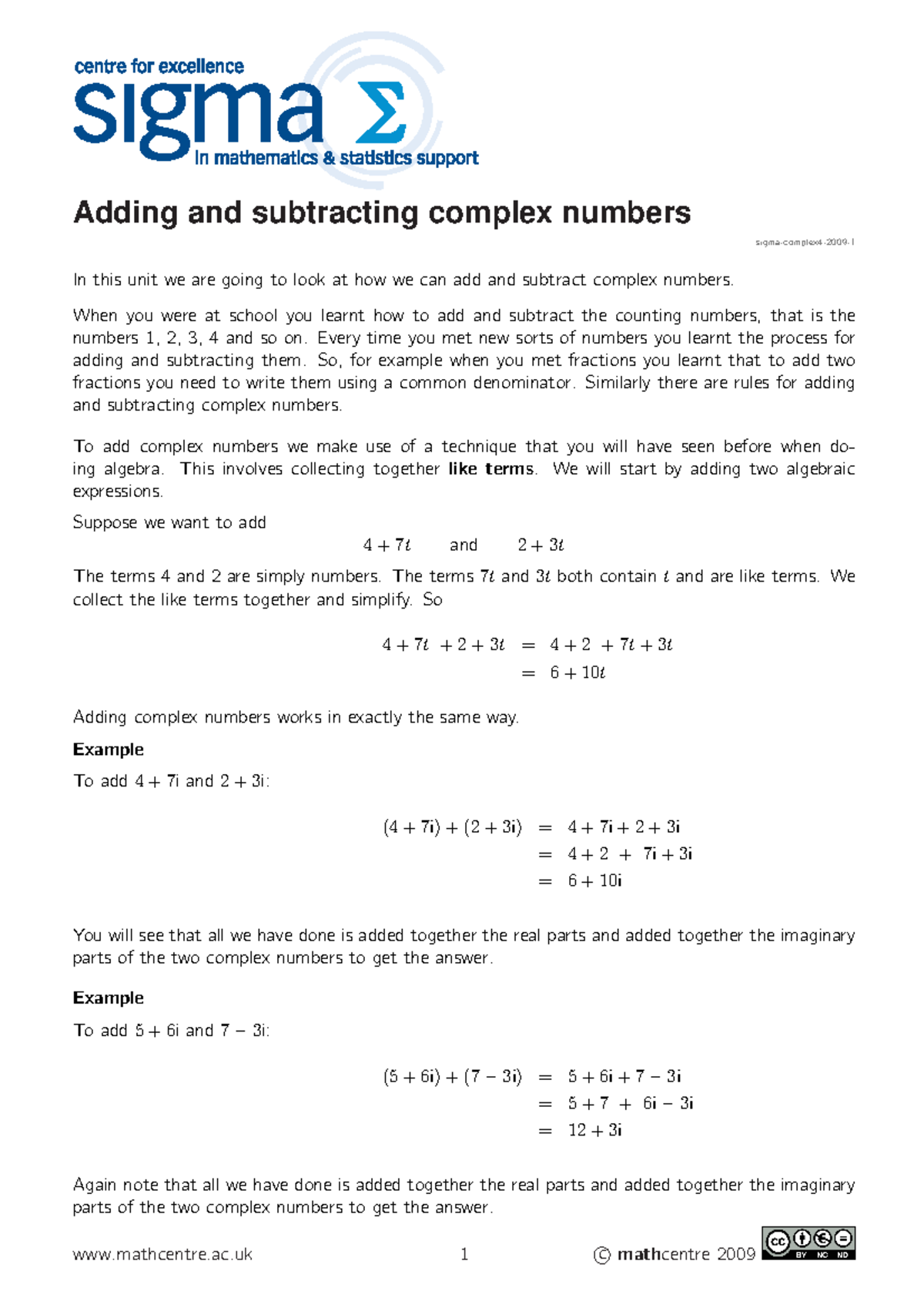Sigma complex 4 2009 1 - Notes - Adding and subtracting complex numbers ...