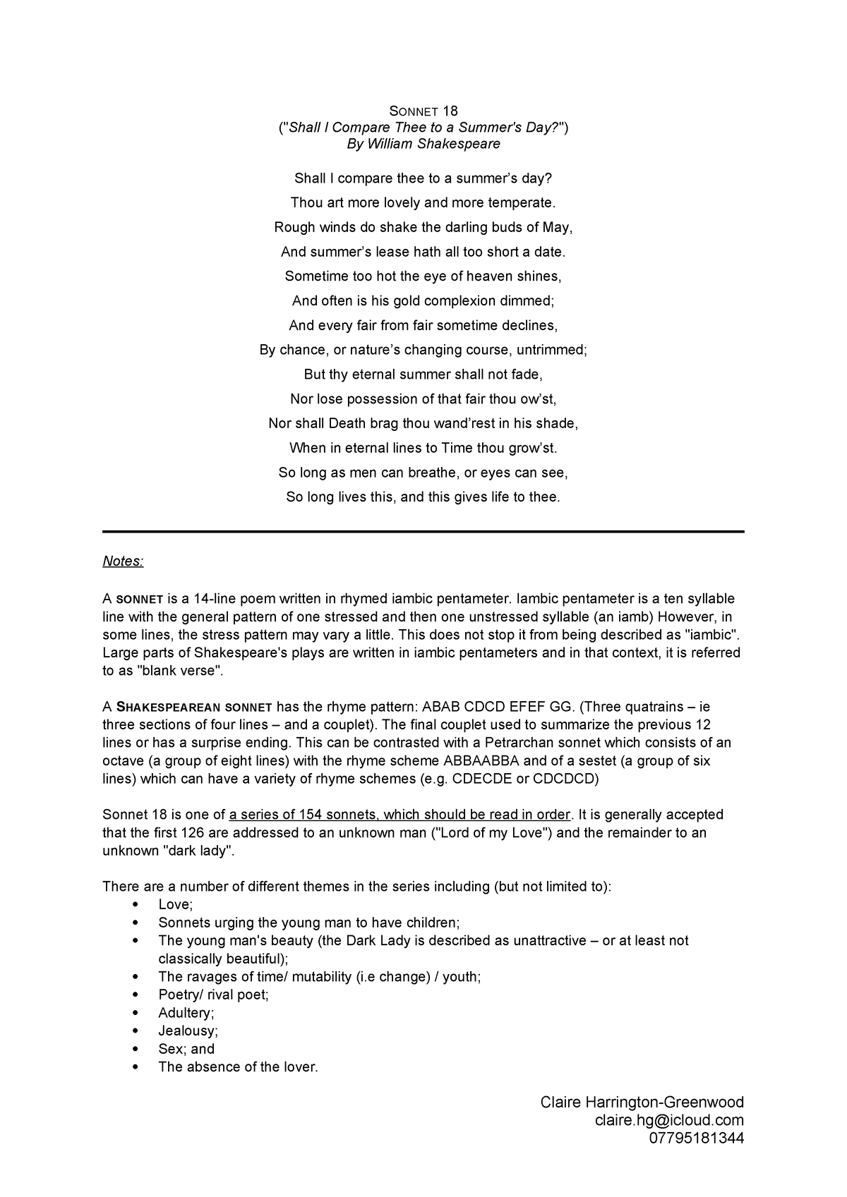 Shakespeare's Sonnet 18 and notes - SONNET 18 (