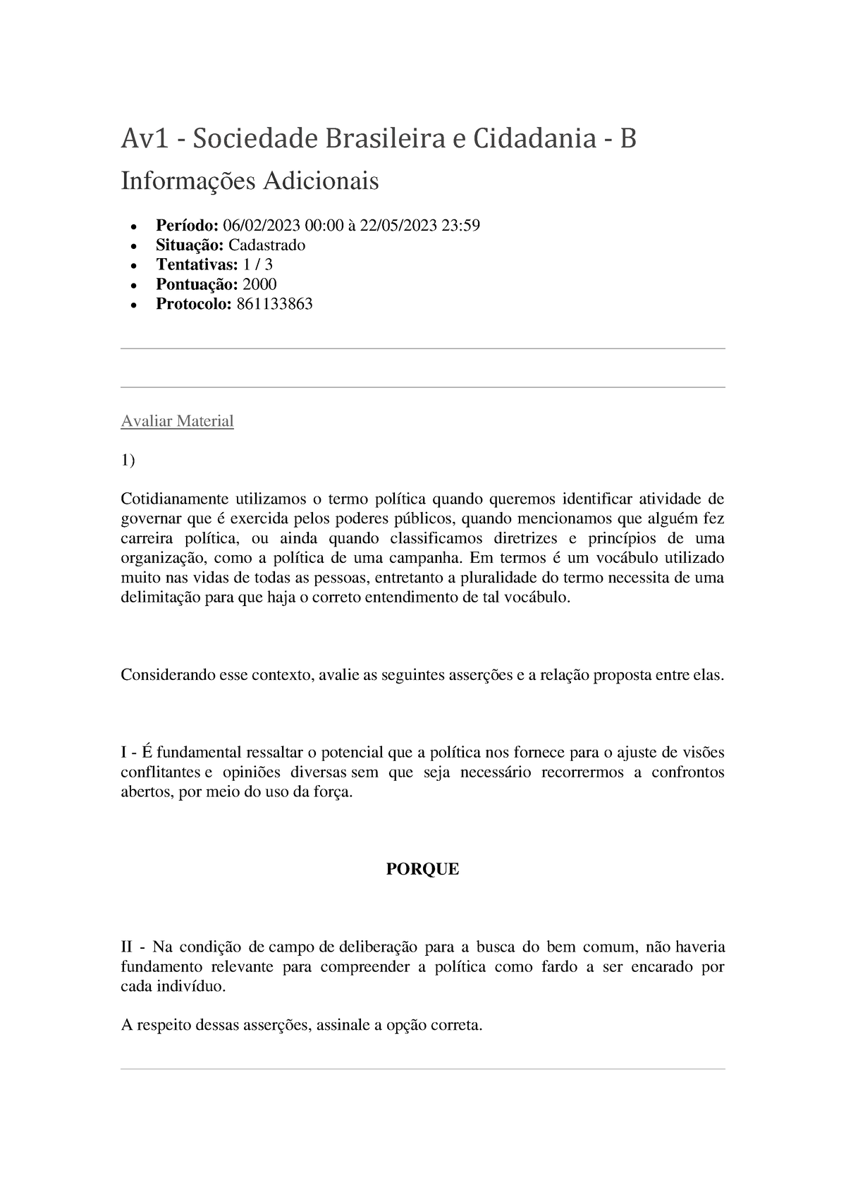 Av1 - Sociedade Brasileira E Cidadania - B - Av1 - Sociedade Brasileira ...