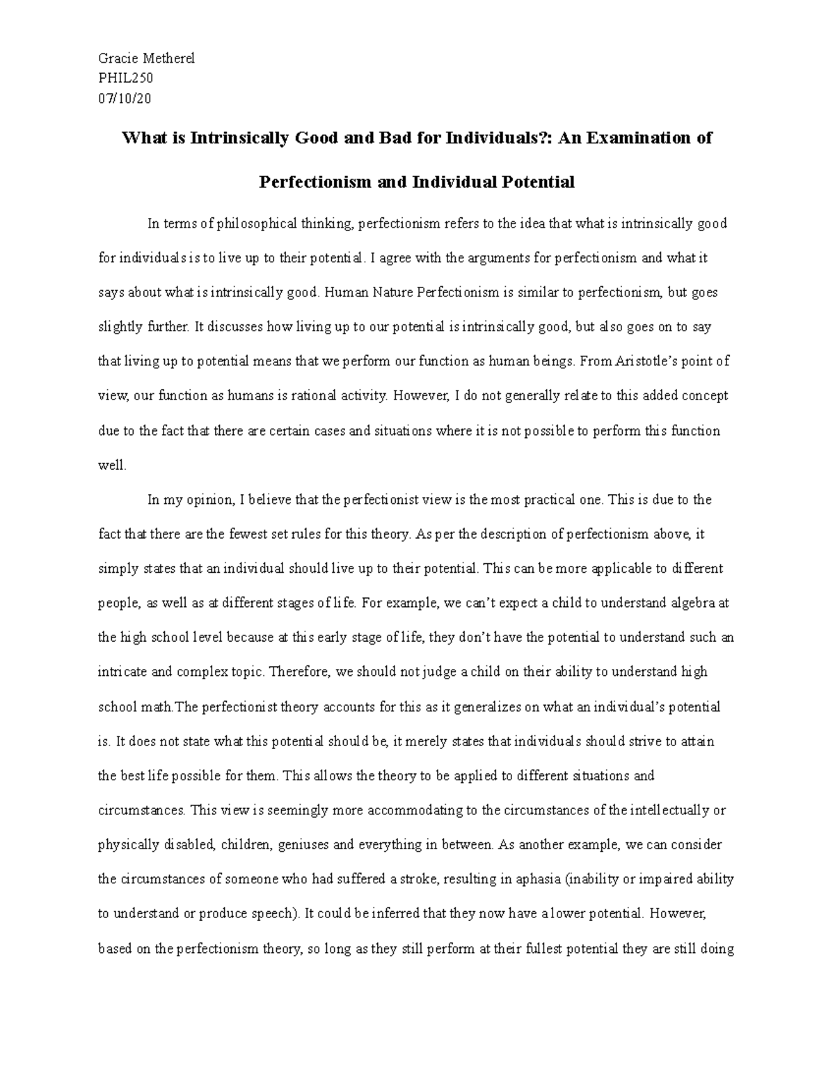 PHIL250 Paper1 Example for Paper 1 assignment Gracie Metherel