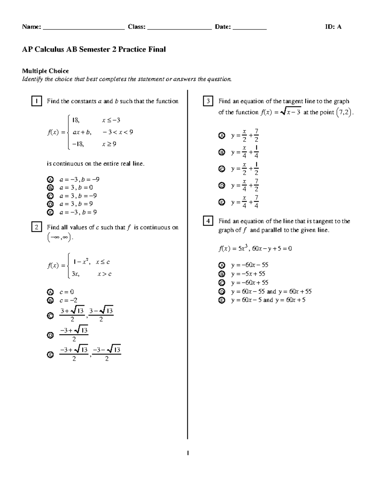 Ap calc ab semester 2 practice final - Name ...