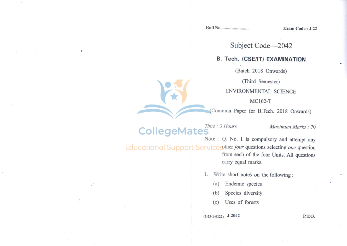 EVs paper this is notes Roll No. Exam Code Subject B. Tech