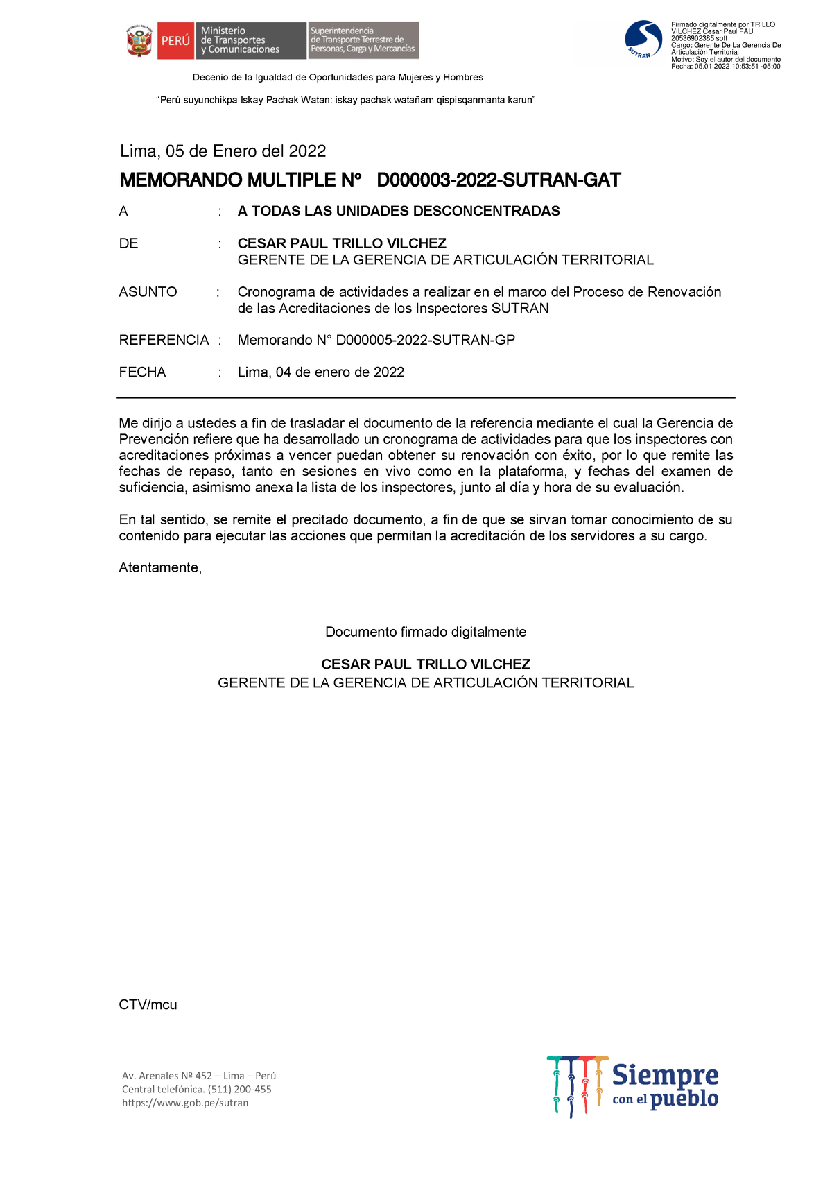 EJEMPLO DE MEMORANDO - Decenio de la Igualdad de Oportunidades para Mujeres  y Hombres “Perú - Studocu