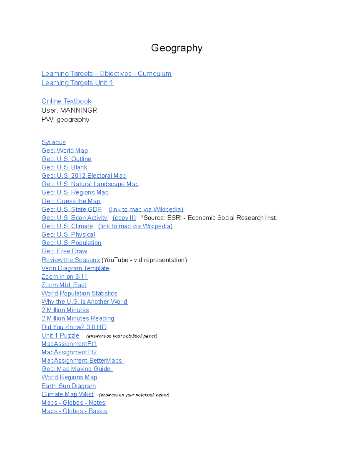 Geography Geography Learning Targets Objectives Curriculum