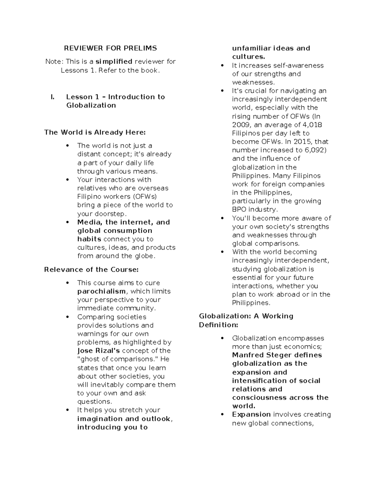 Reviewer FOR Prelims 2024 - REVIEWER FOR PRELIMS Note: This is a ...