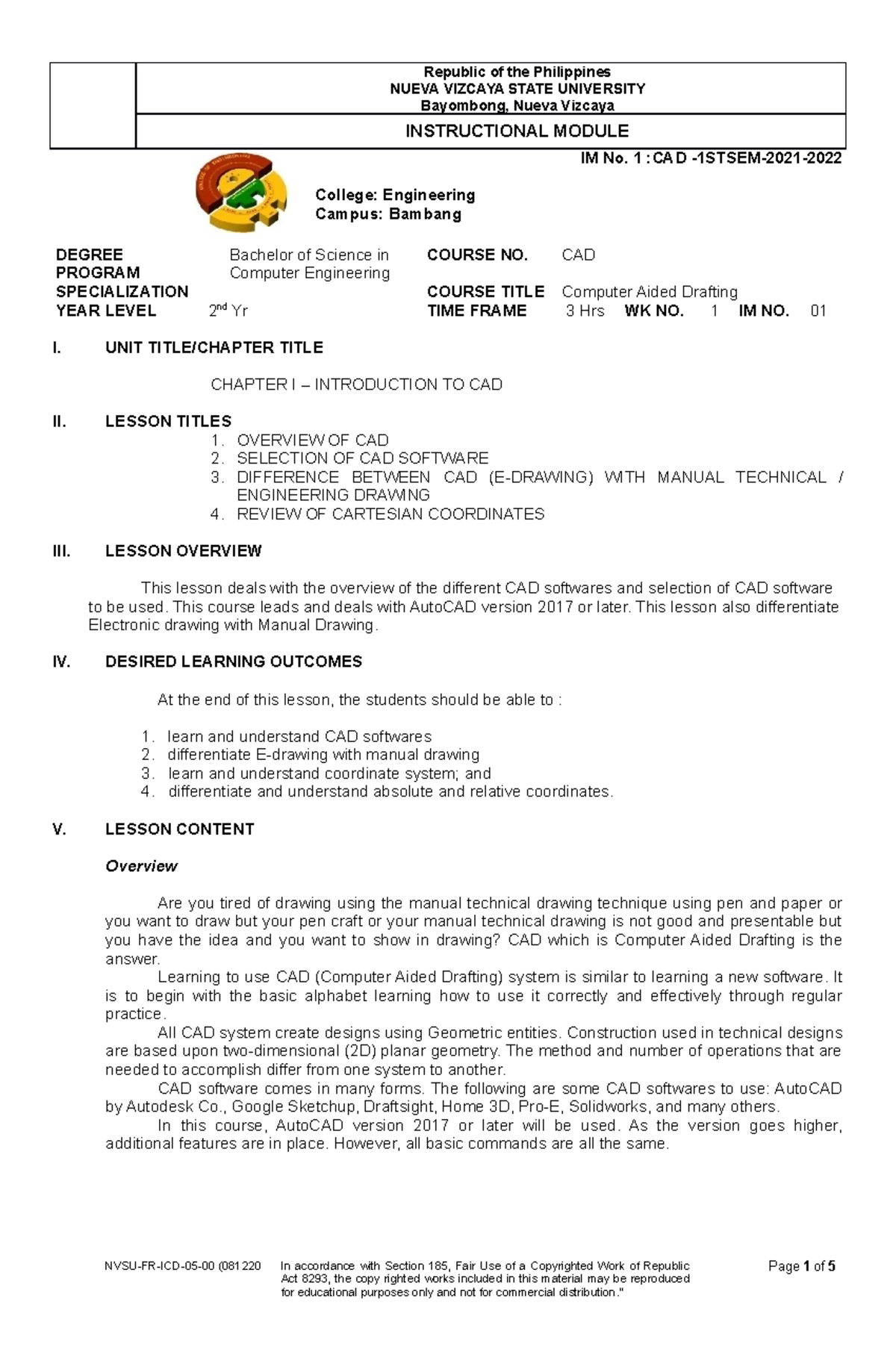 IM 1 CAD notes NUEVA VIZCAYA STATE UNIVERSITY Bayombong, Nueva