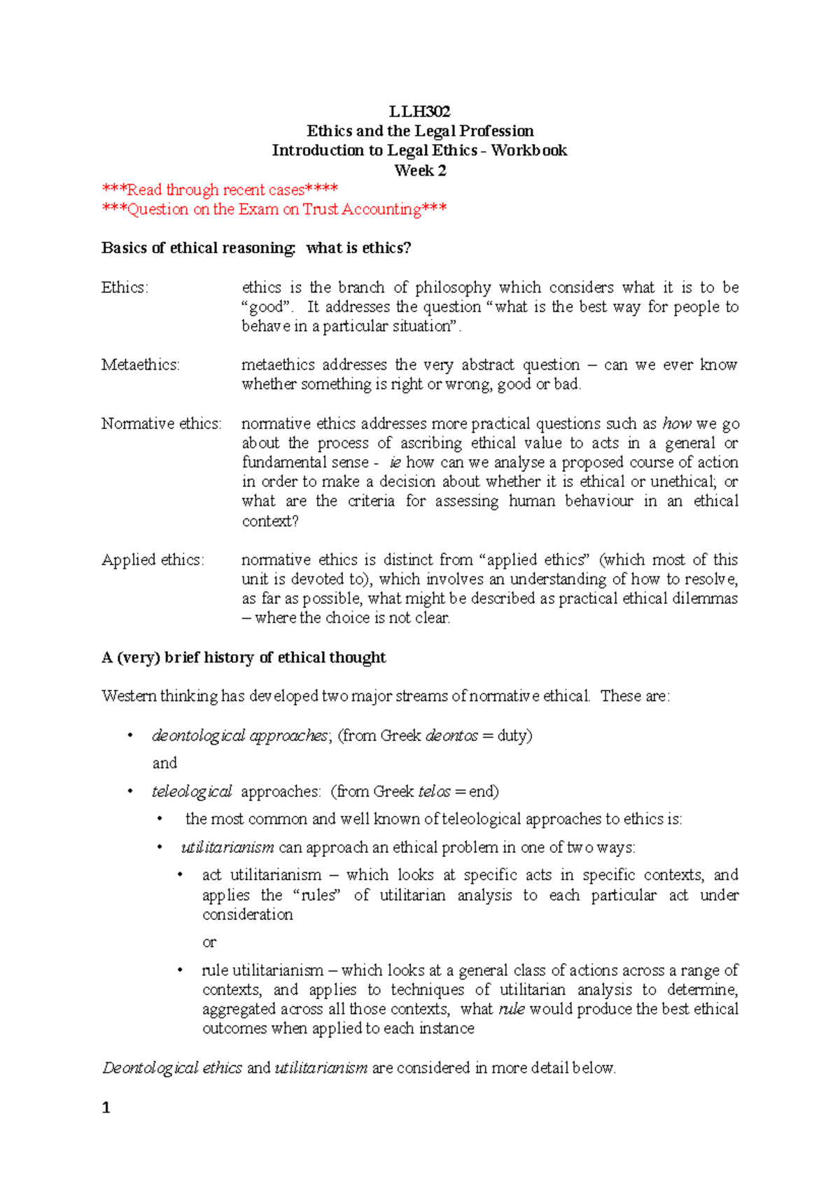 Week 2 Workbook - LLH Ethics and the Legal Profession Introduction to ...