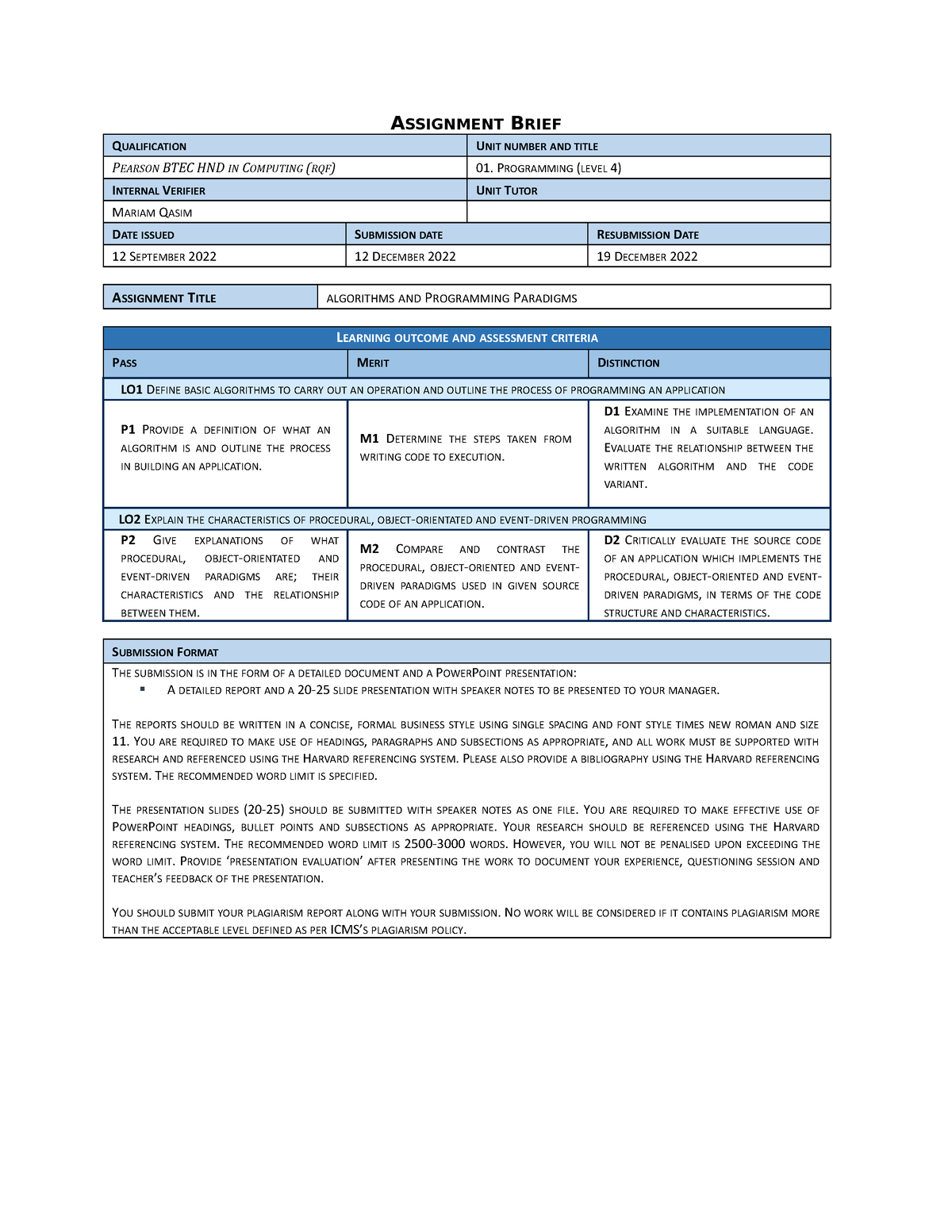 pearson assignment brief iv form