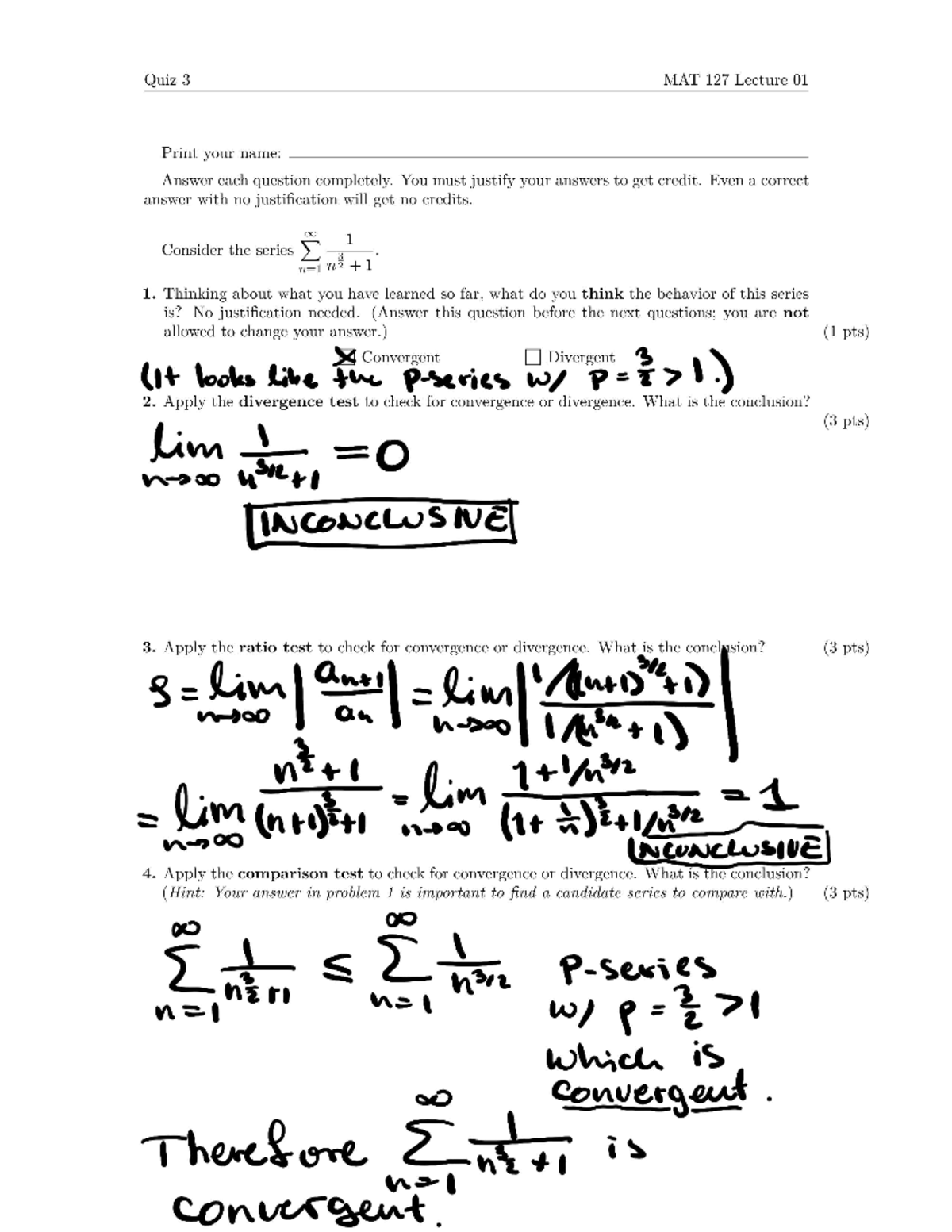 Practice quiz for mathematics - Quiz 3 MAT 127 Lecture 01 Print your ...