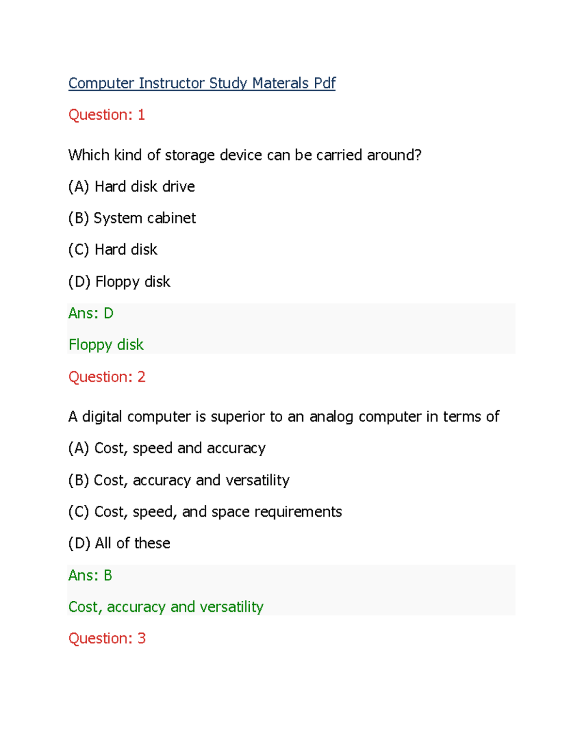 Trb computer instructor study materials Computer Instructor Study