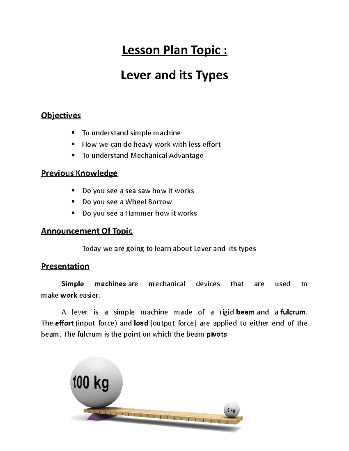 Lesson Plan Lever - Lesson Plan Topic : Lever and its Types Objectives ...