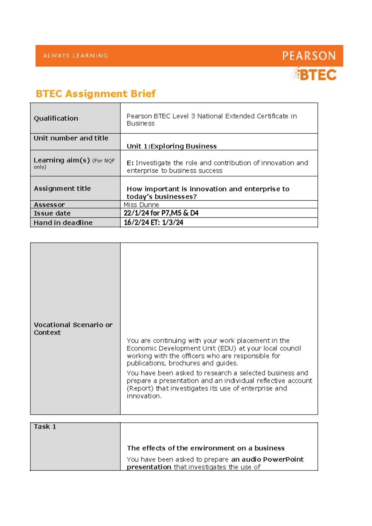 pearson btec authorised assignment briefs