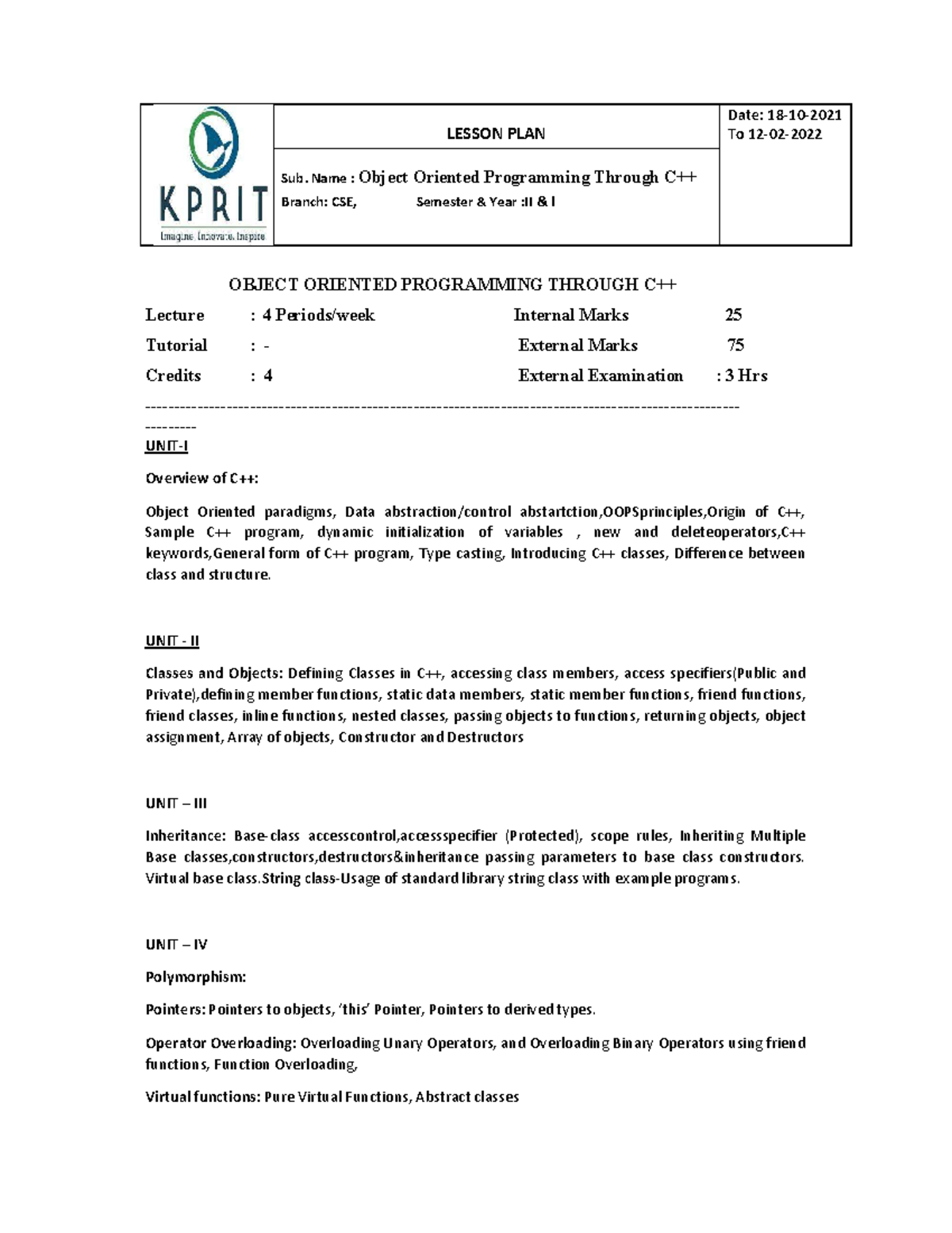 Object Orientated Programming - LESSON PLAN Date: 18-10- To 12-02- Sub ...