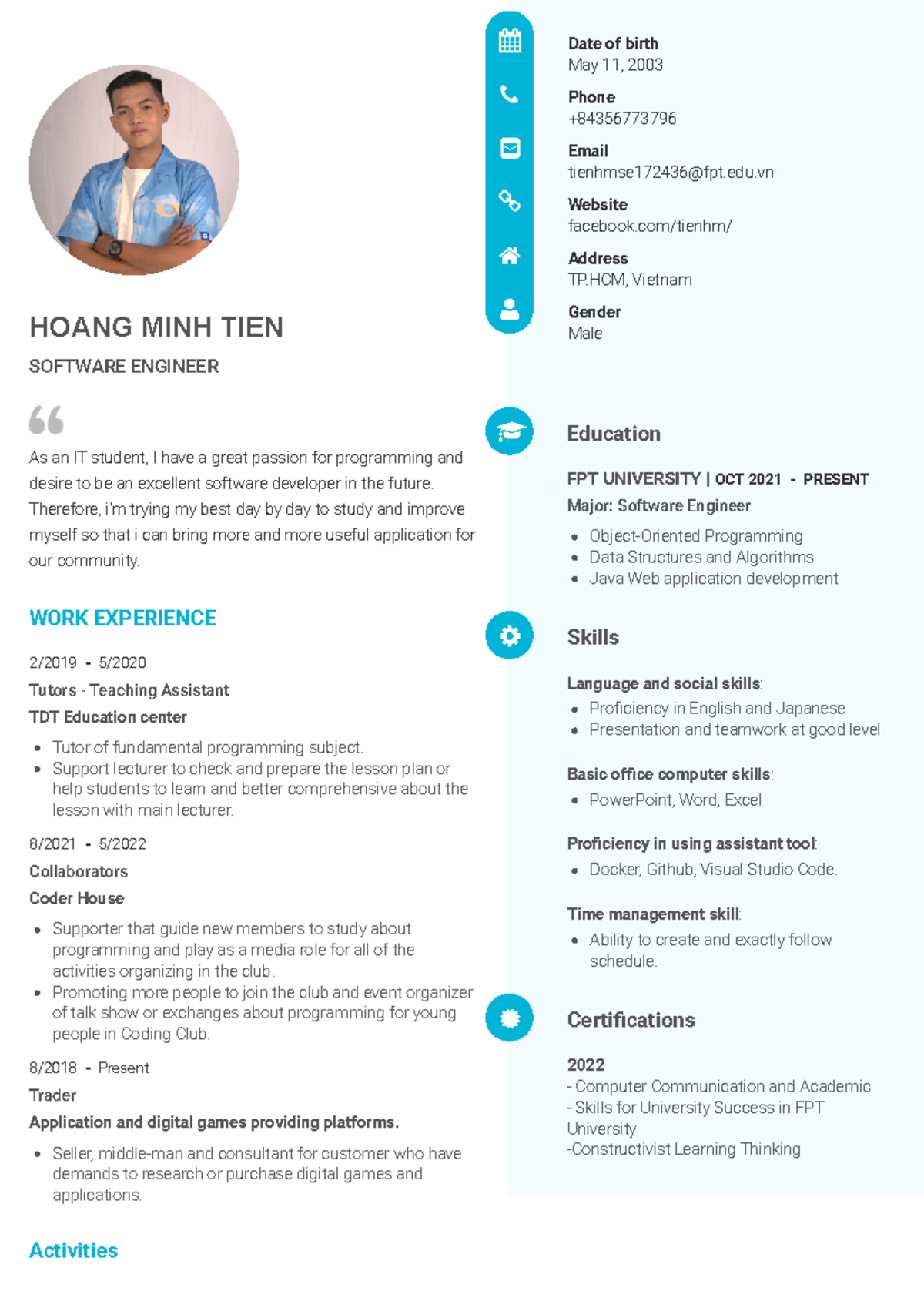 Hoang MINH TIEN Top CV - CV Pattern - As an IT student, I have a great ...