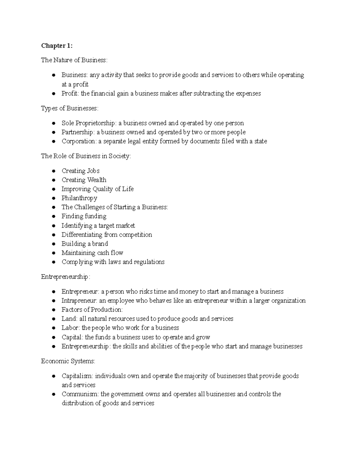 BUS 101 Chapter 1 - BUS 101 Notes for Ch 1 - Chapter 1: The Nature of ...