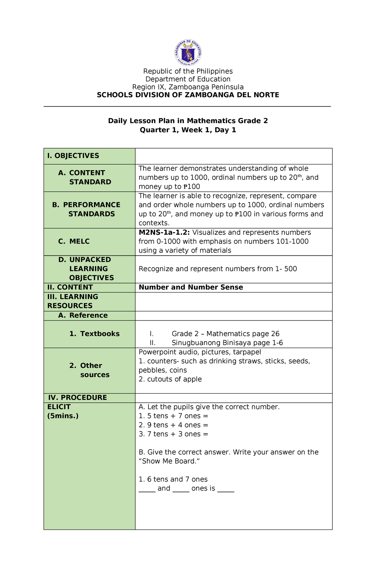 Math 2 Q1 W1 D1 Lesson Plan Republic Of The Philippines Department Of Education Region Ix 8903