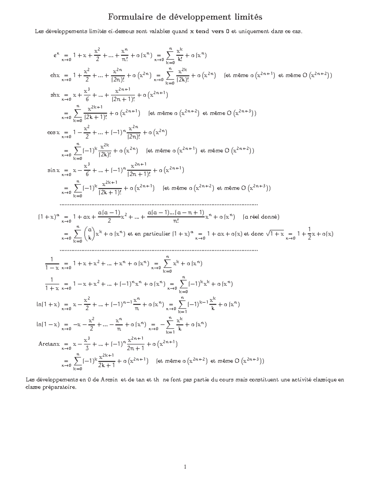 Formulaire developpements limites equivalents usuels et theoremes de ...