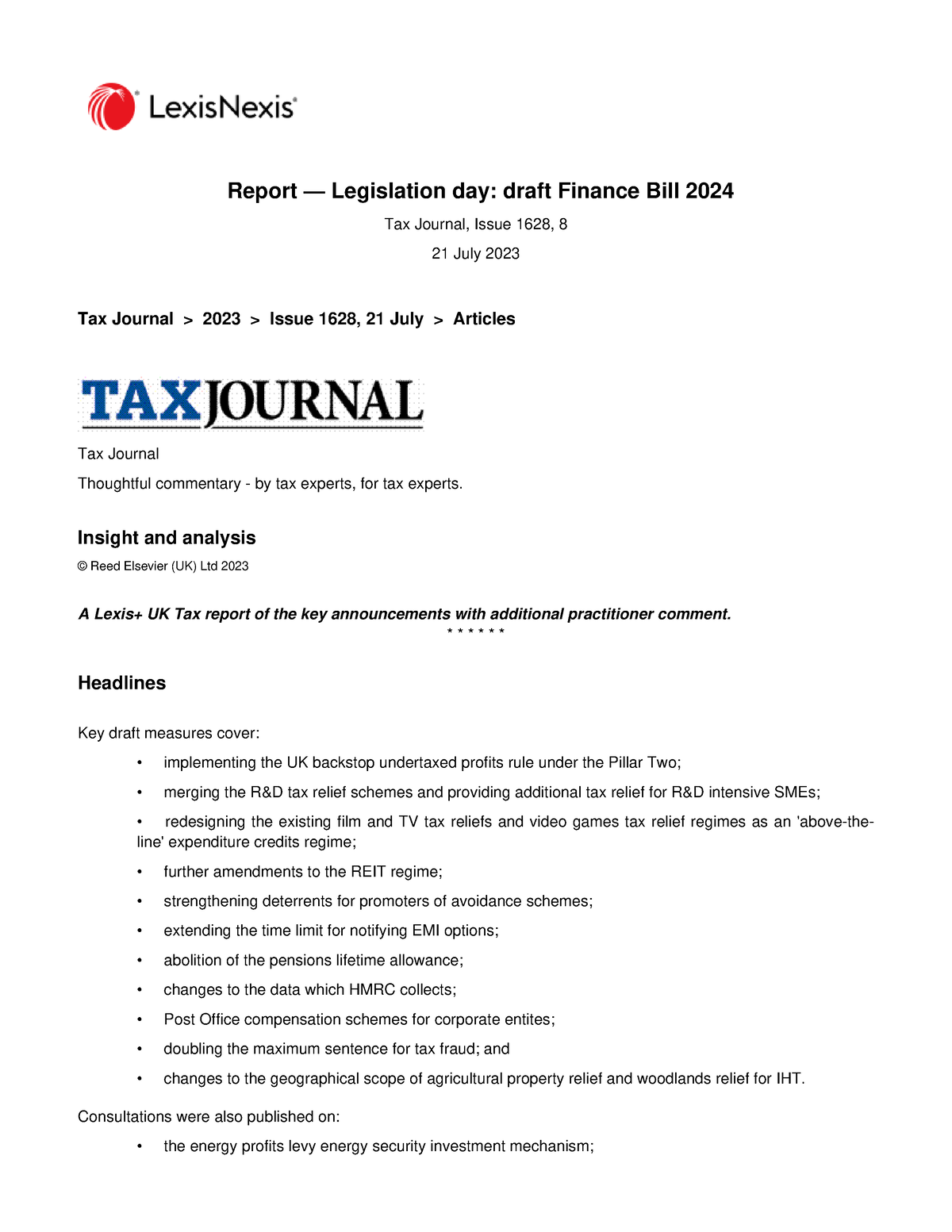 Report Legislation day draft Finance Bill 2024 Tax Journal, Issue
