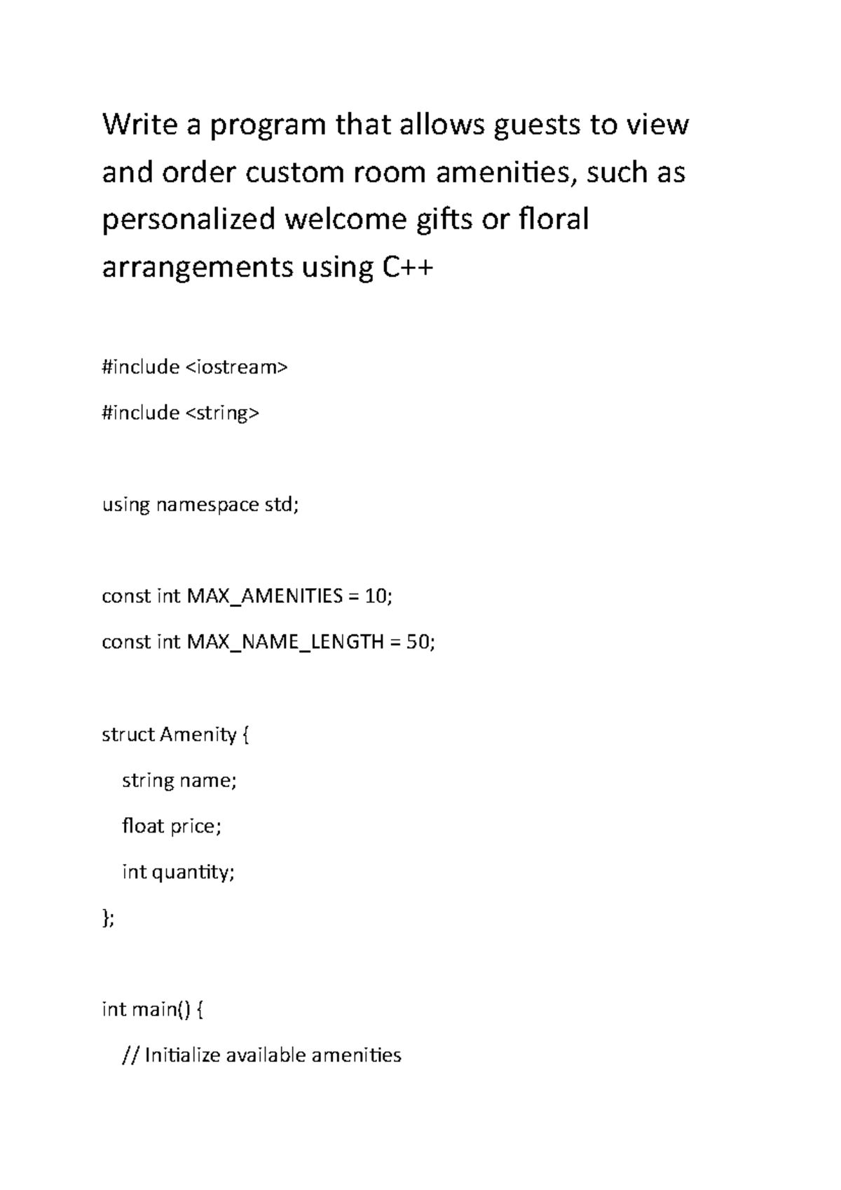 custom room amenities C++ - Write a program that allows guests to view ...