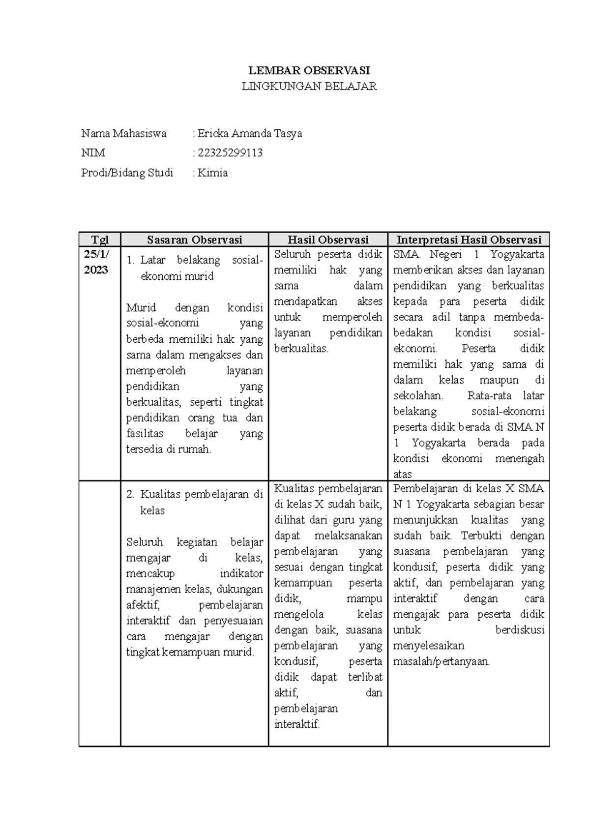 L 5 Lembar Observasi Lingkungan Belajar Di Sekolah Lembar Observasi