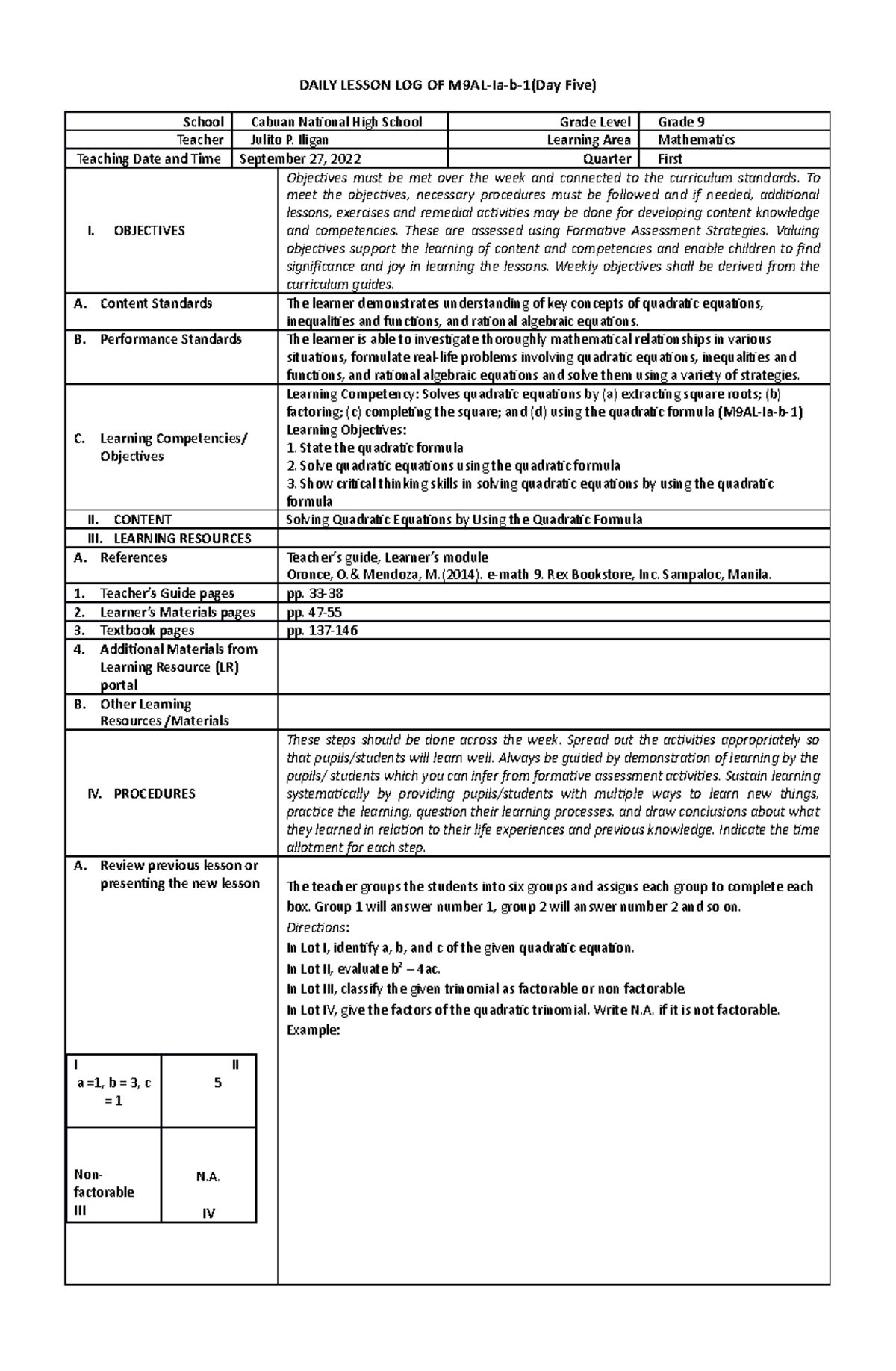 I-Day 5 - Lesson plan for grade 9 first quarter - DAILY LESSON LOG OF ...