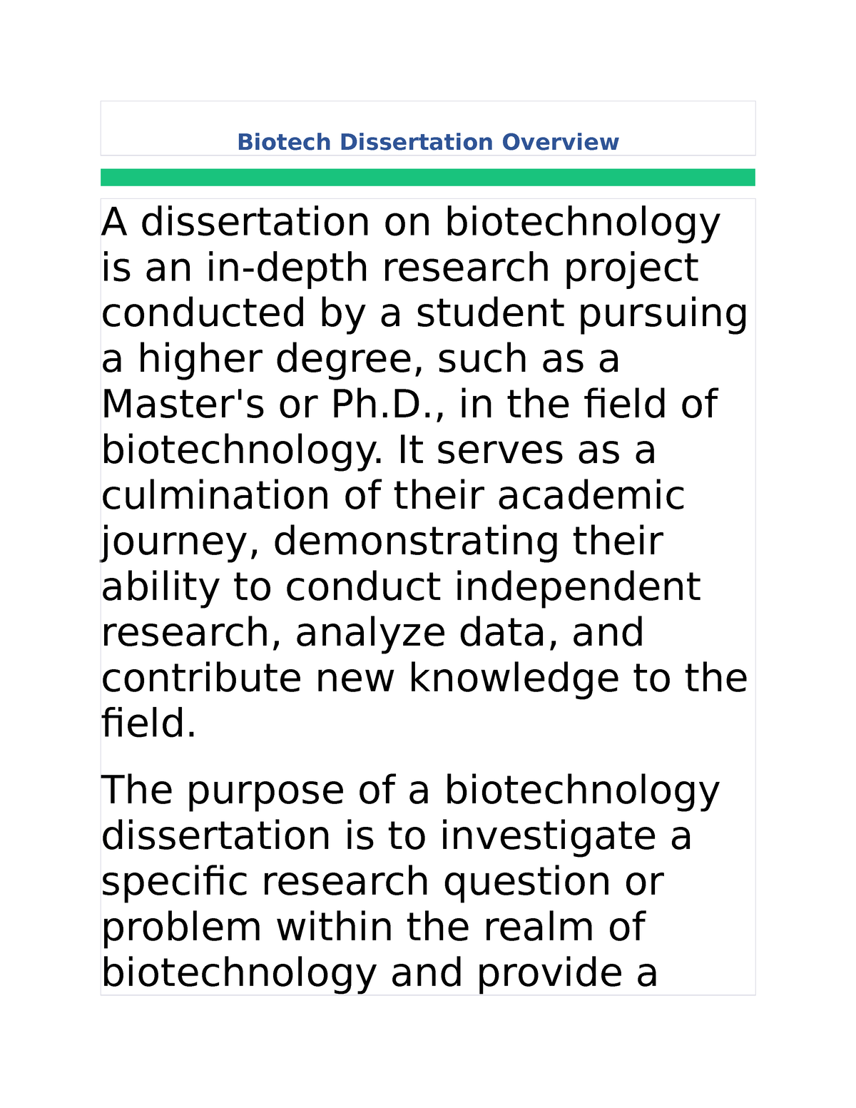 dissertation in biotechnology in indore