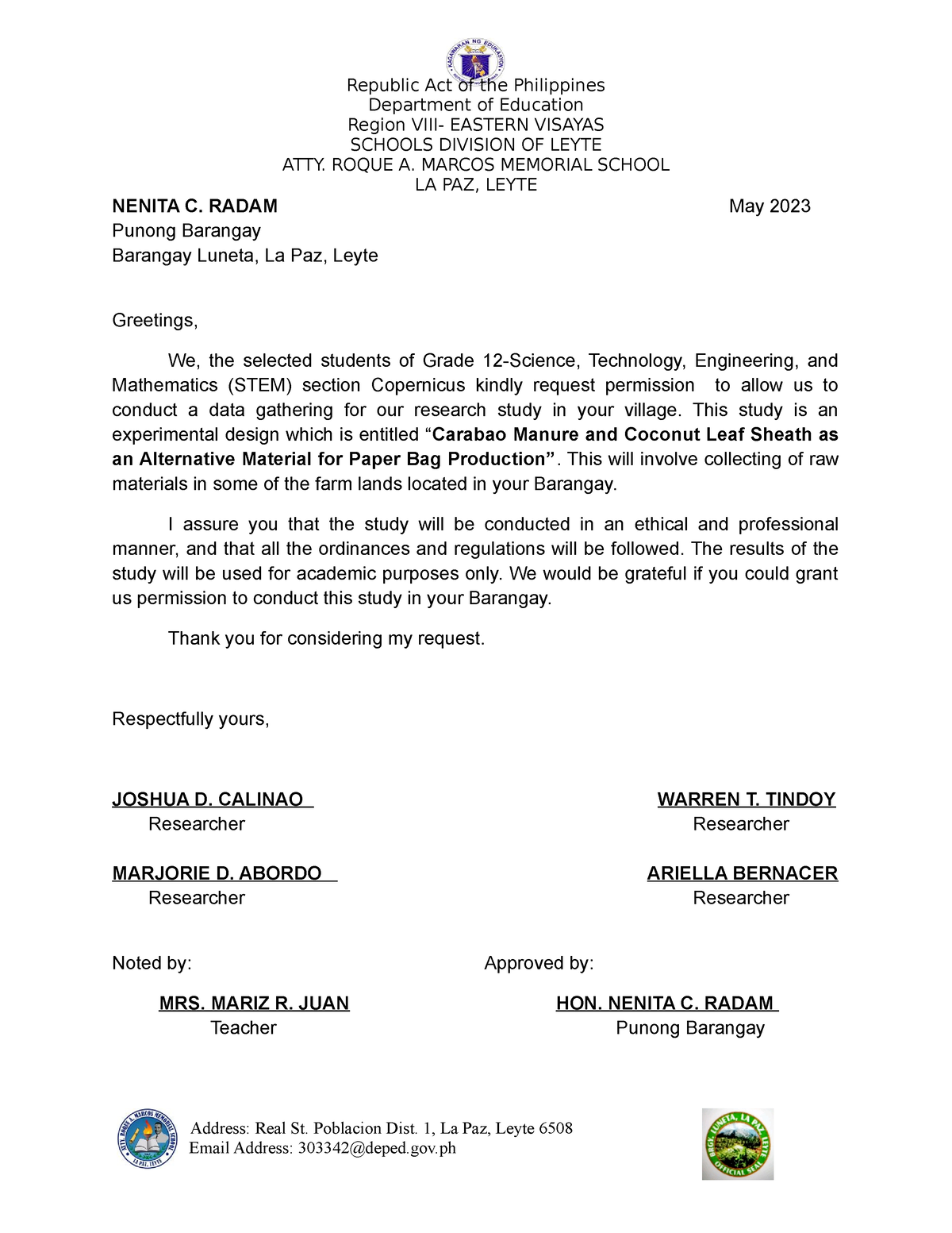 Letter OF Request(brgy - Republic Act of the Philippines Department of ...