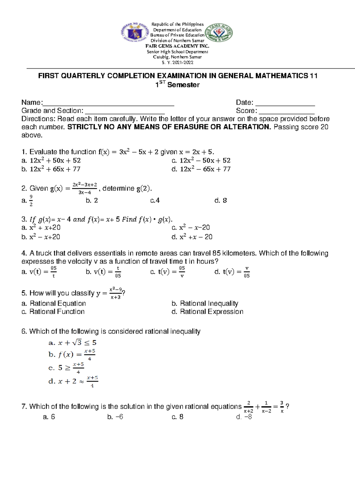 Removal gen. math11 Q1 - Exam - Republic of the Philippines Department ...