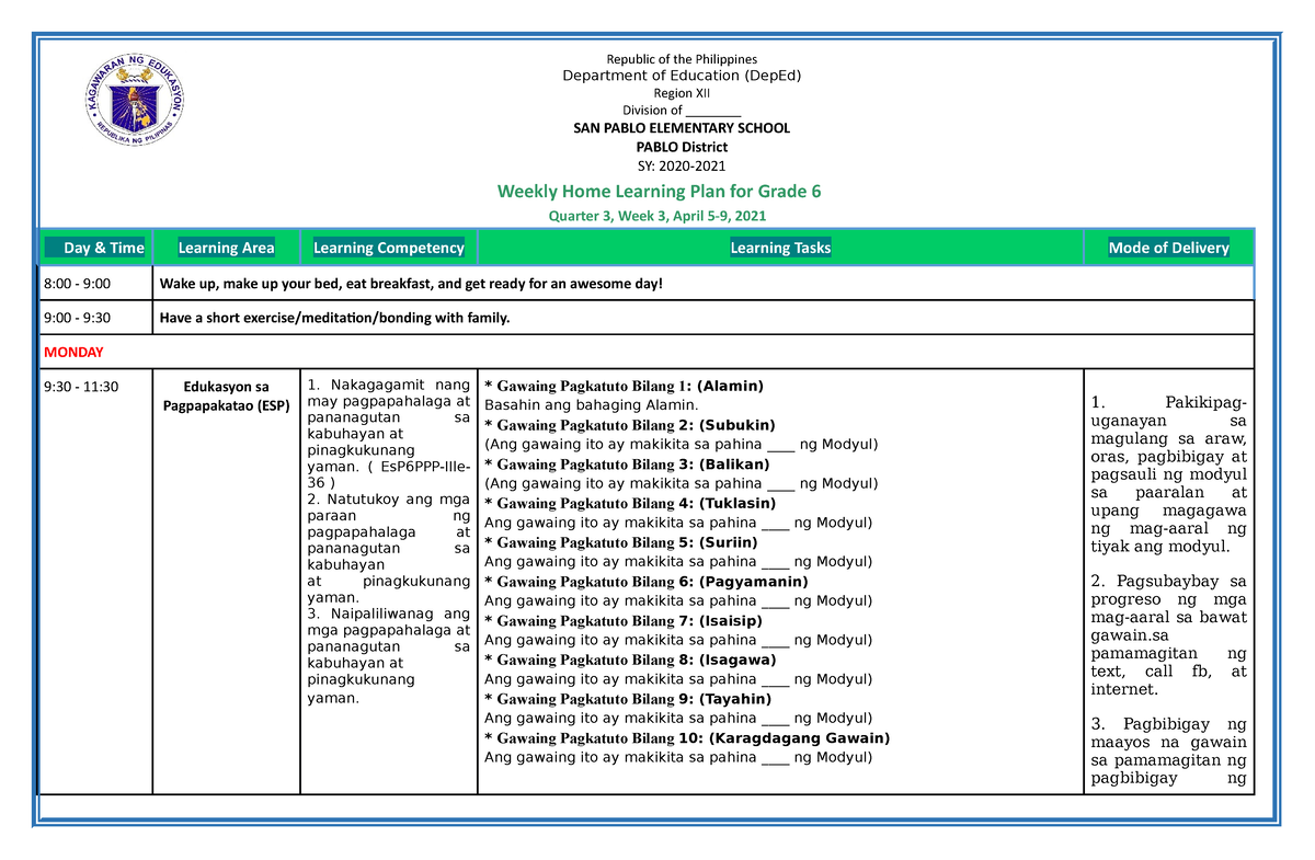 Grade 6 All Subjects Whlp Q3 W3 Weekly Home Learning Plan For Grade 6 5559