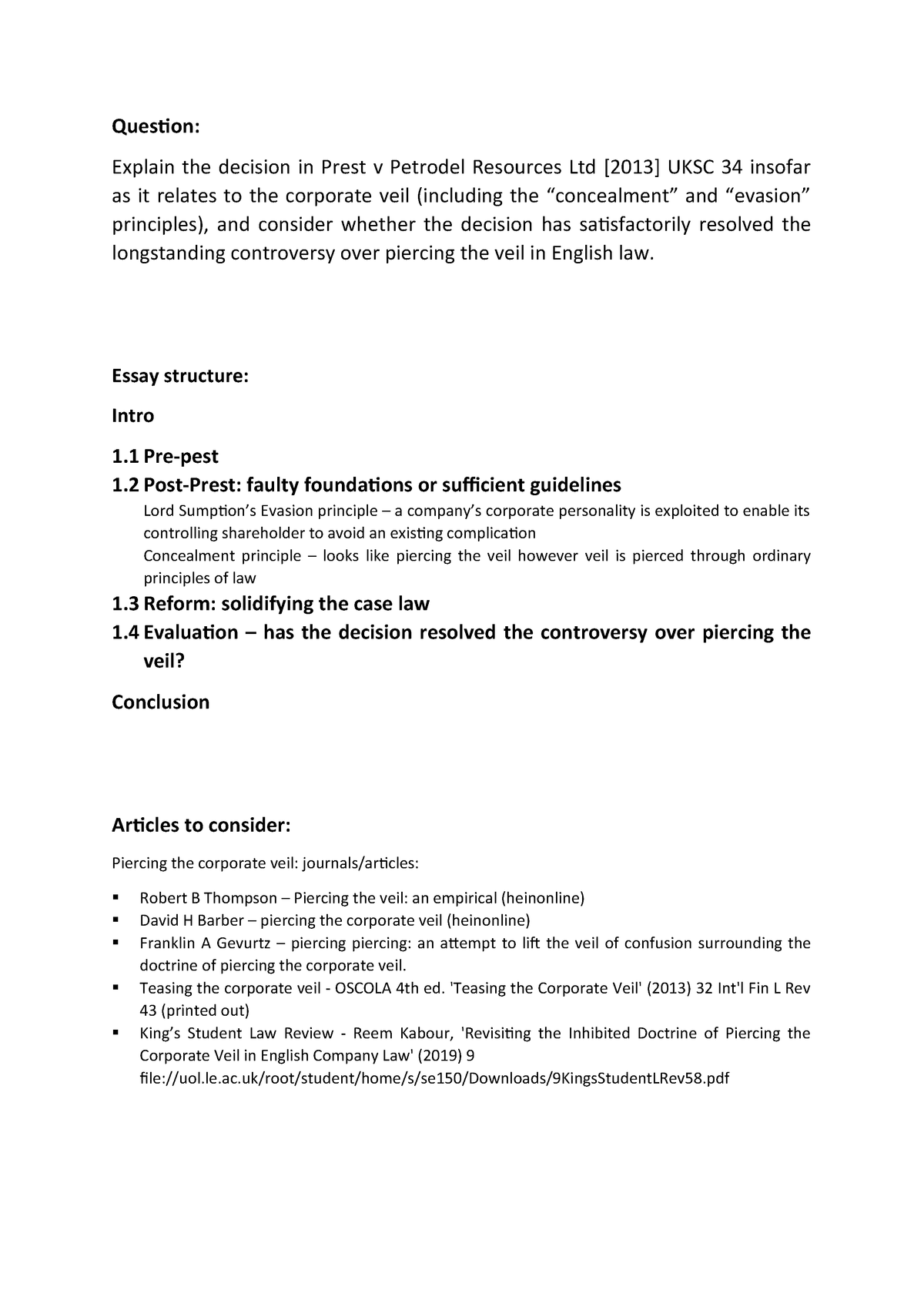 Piercing The Veil Essay Structure+notes Question Explain The Decision ...