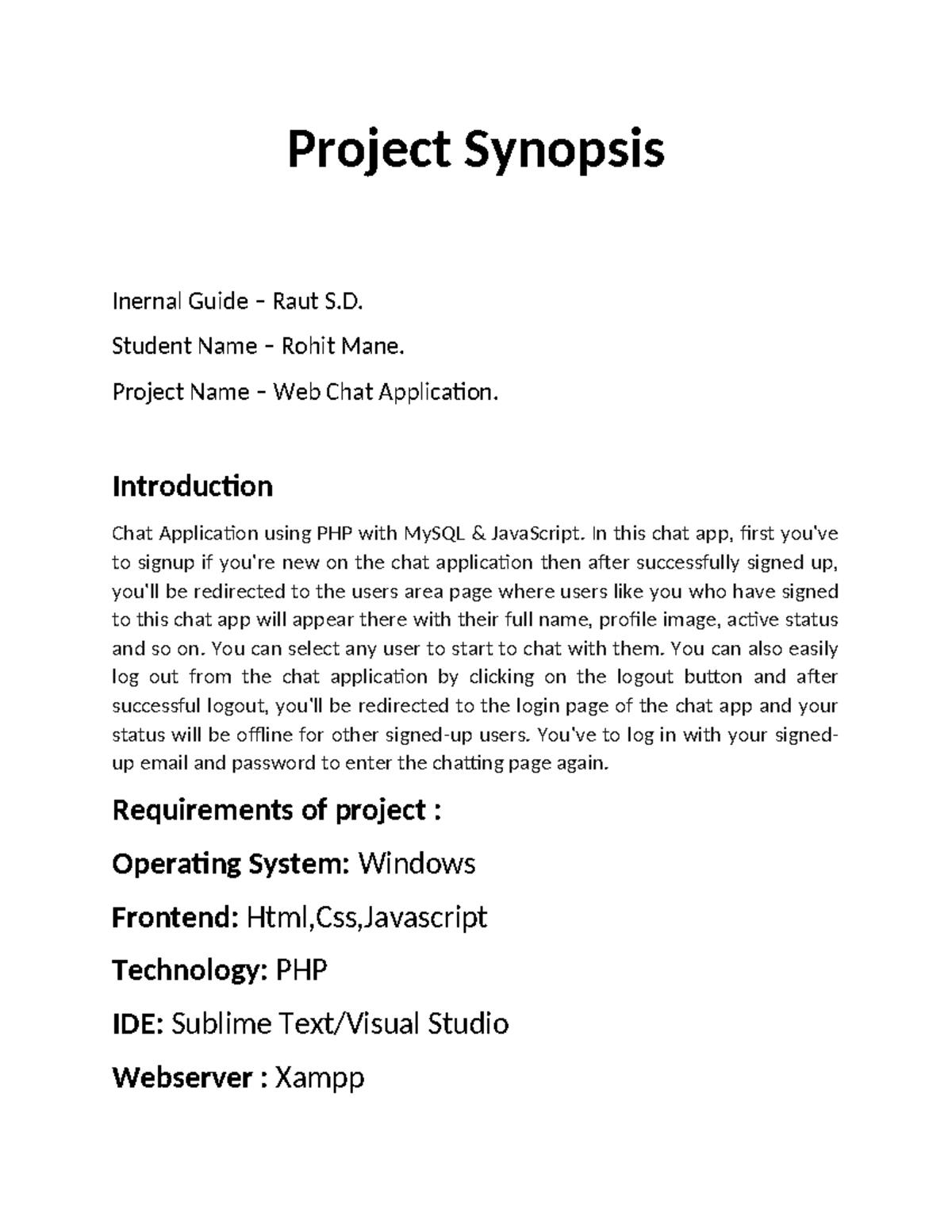 Project Synopsis - Project Synopsis Inernal Guide – Raut S. Student ...