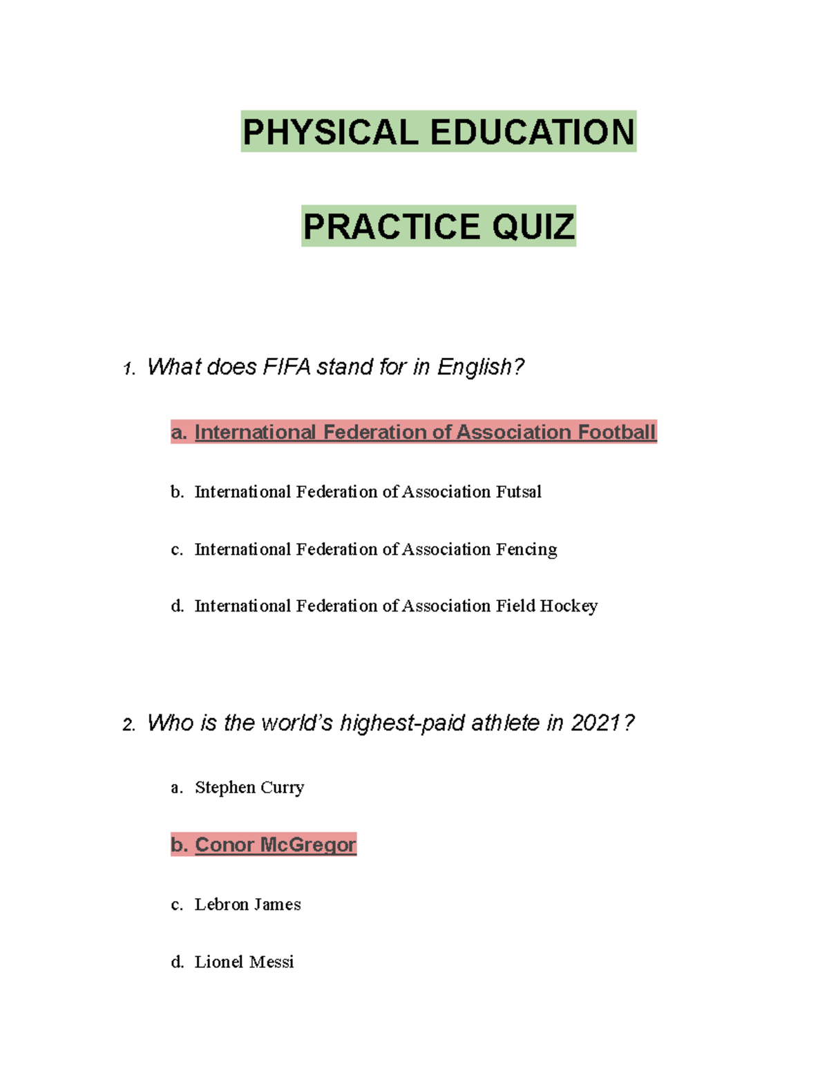 Physical Education - Practice QUIZ - PHYSICAL EDUCATION PRACTICE QUIZ 1 ...