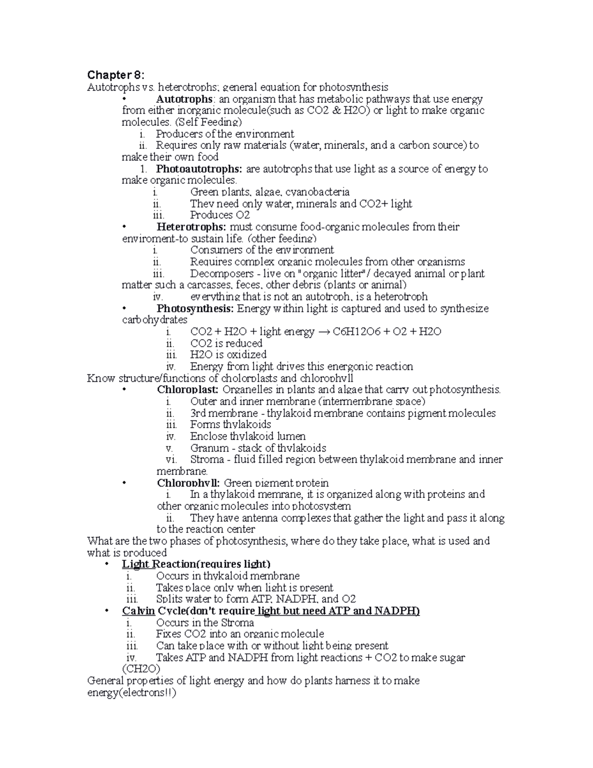 Bio CH 8 Review Outline - Lecture notes 8 - Chapter 8: Autotrophs vs ...