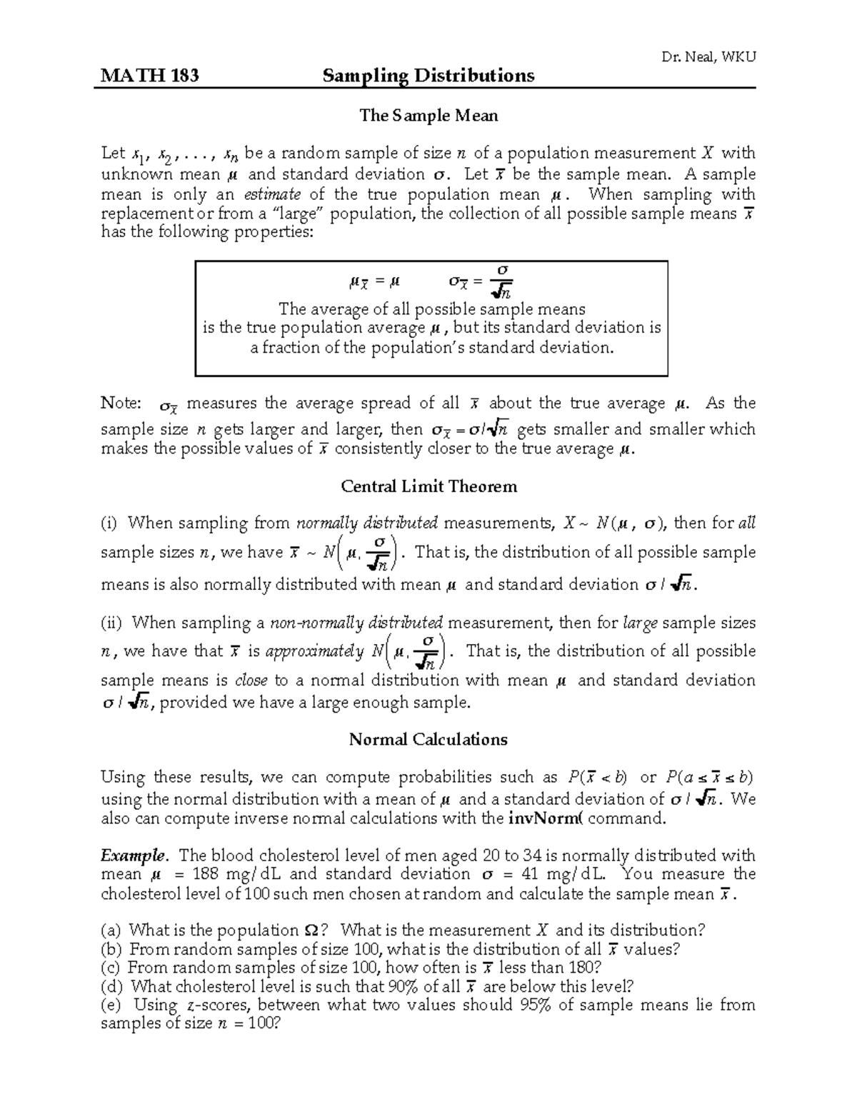 Sample Dist Pdf Dr Neal Wku Math 183 Sampling Distributions The Sample Mean Let X1 X2 Studocu