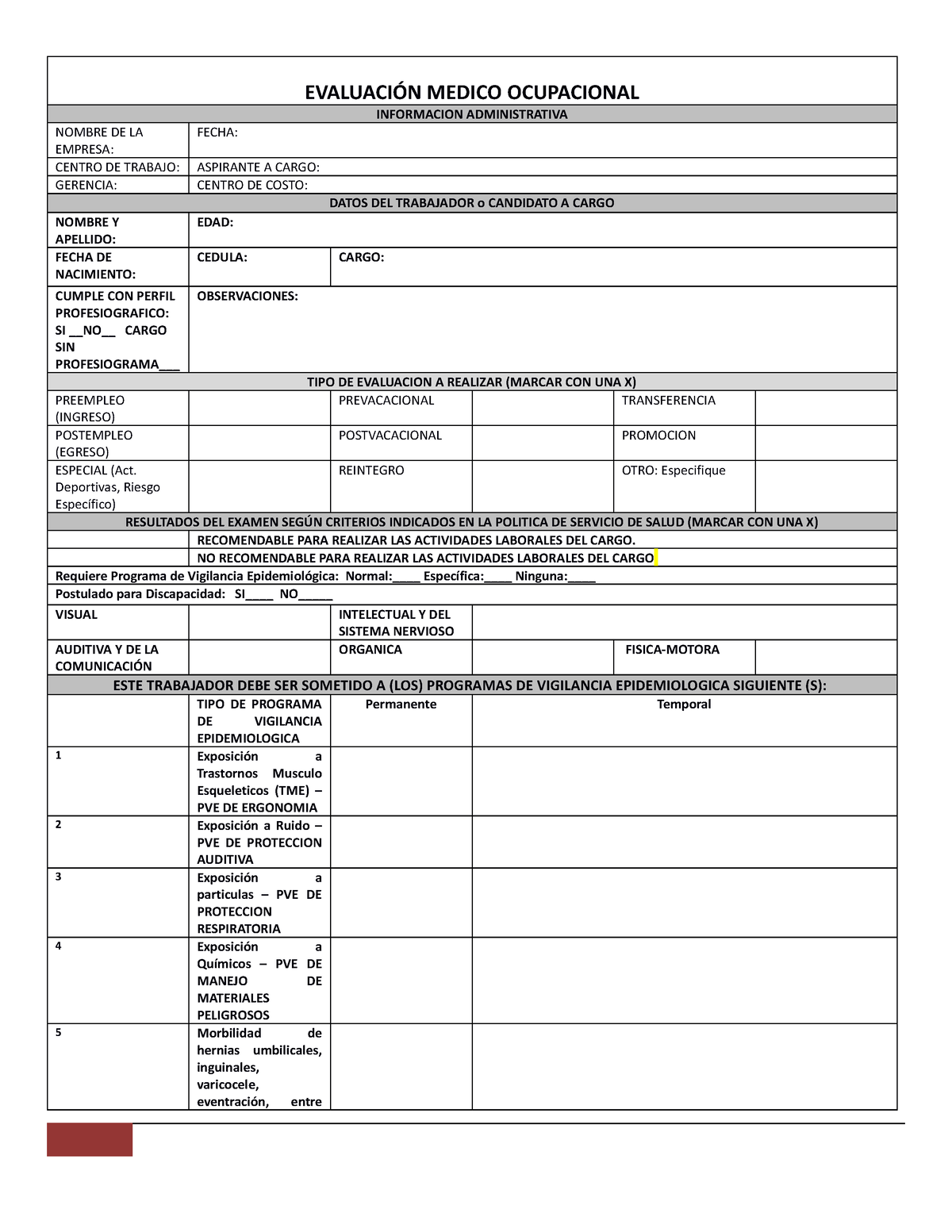 Formato De Examen Medico Laboral EvaluaciÓn Medico Ocupacional Informacion Administrativa 9206