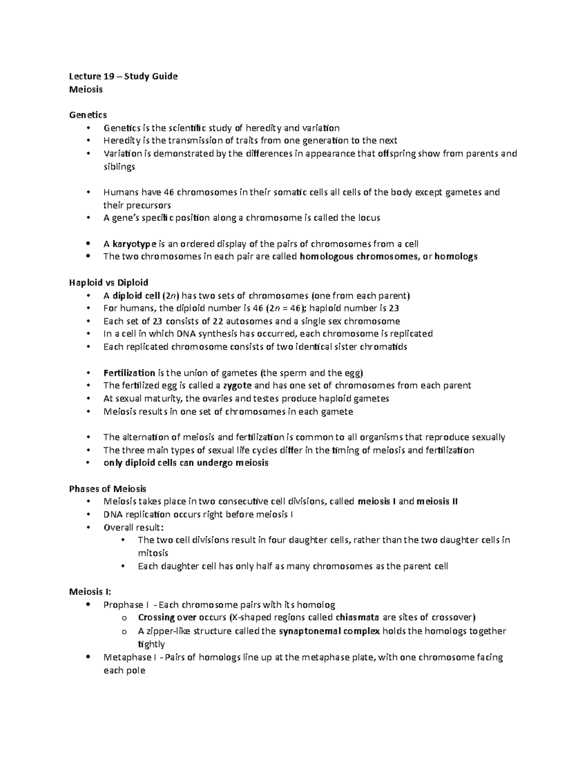 Lecture 19 Study Guide - Lecture 19 – Study Guide Meiosis Genetics ...
