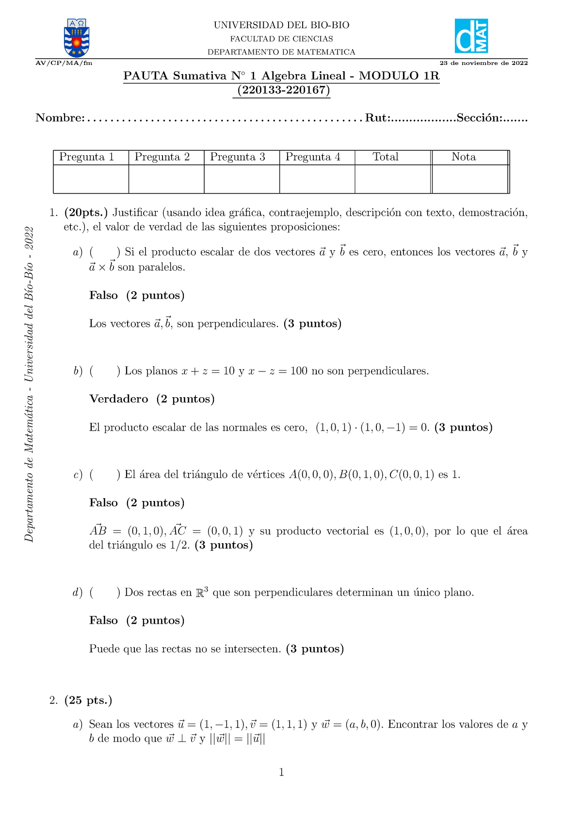 Pauta Sum1 V1 - Certamen - FACULTAD DE CIENCIAS DEPARTAMENTO DE ...