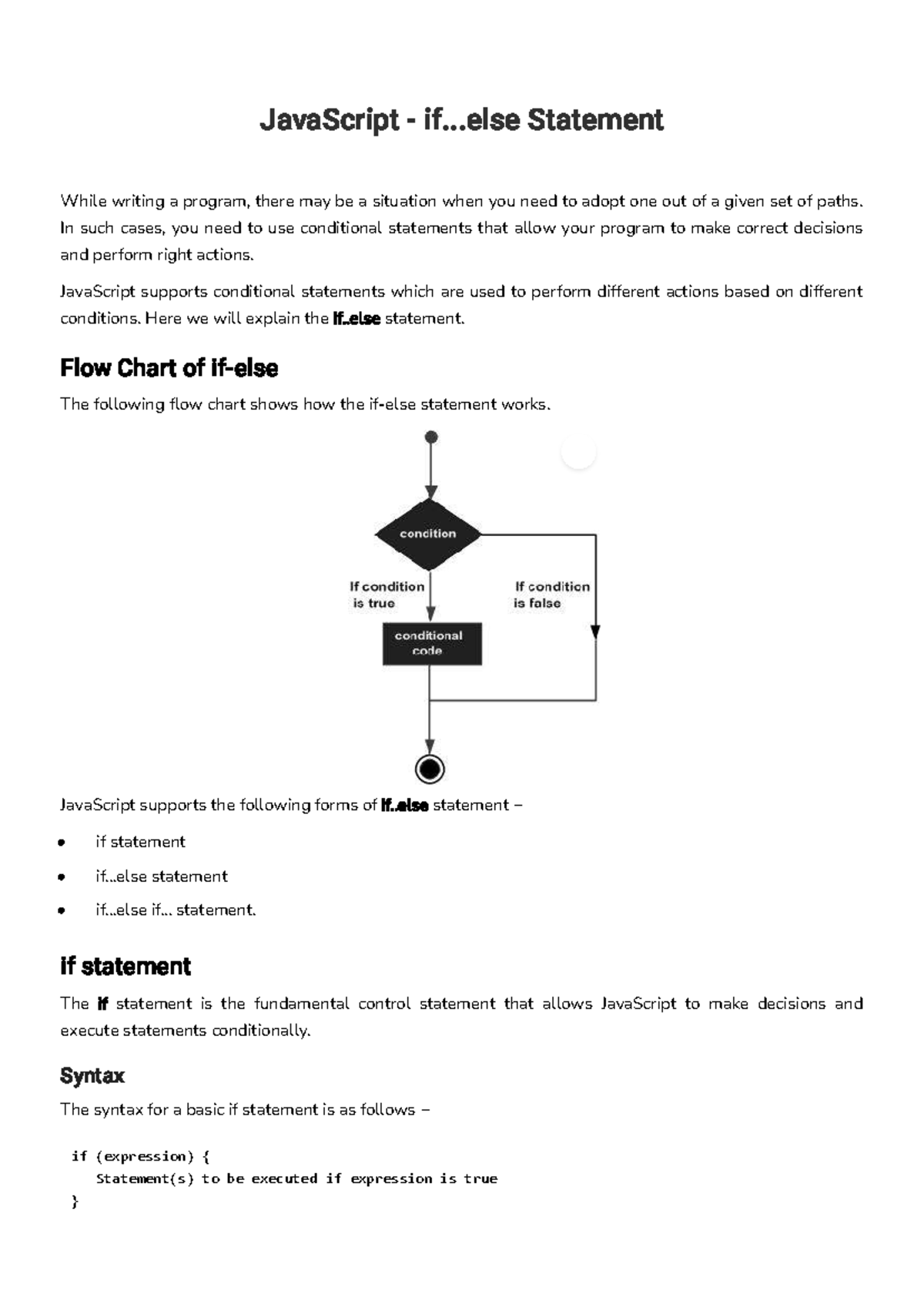 Java Script - if...else Statement - JavaScript - if.. Statement While ...
